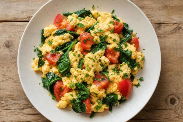 Fertiges Gericht aus einer alternativen Perspektive. Rezept: Rührei mit Tomaten, Spinat und Kräutern