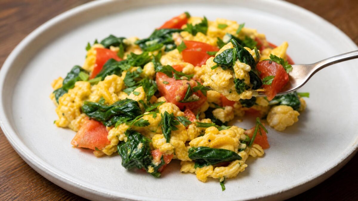 Servierszene mit dem fertigen Gericht. Rezept: Rührei mit Tomaten, Spinat und Kräutern