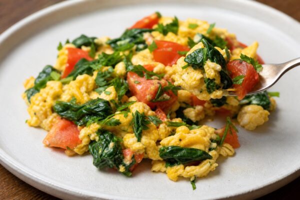 Servierszene mit dem fertigen Gericht. Rezept: Rührei mit Tomaten, Spinat und Kräutern