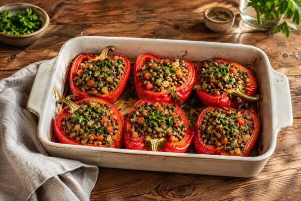Rustikale Ofenpaprika mit Linsenfüllung