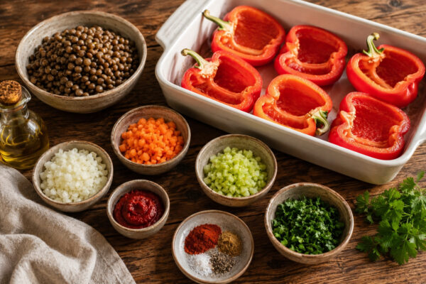 Zutaten- und Vorbereitungsansicht mit roten Paprikahälften, gekochten braunen oder grünen Linsen, fein gewürfelter Zwiebel, Karotte und Sellerie, Tomatenmark, Olivenöl, Petersilie sowie Paprikapulver, Kreuzkümmel, Salz und Pfeffer auf rustikalem Holztisc…