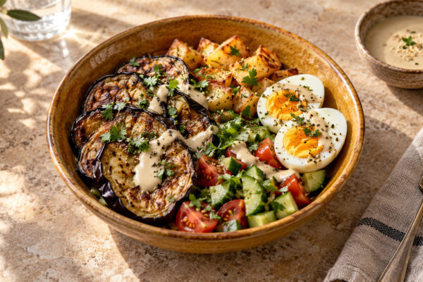 Sabich-Bowl mit Aubergine und Ei