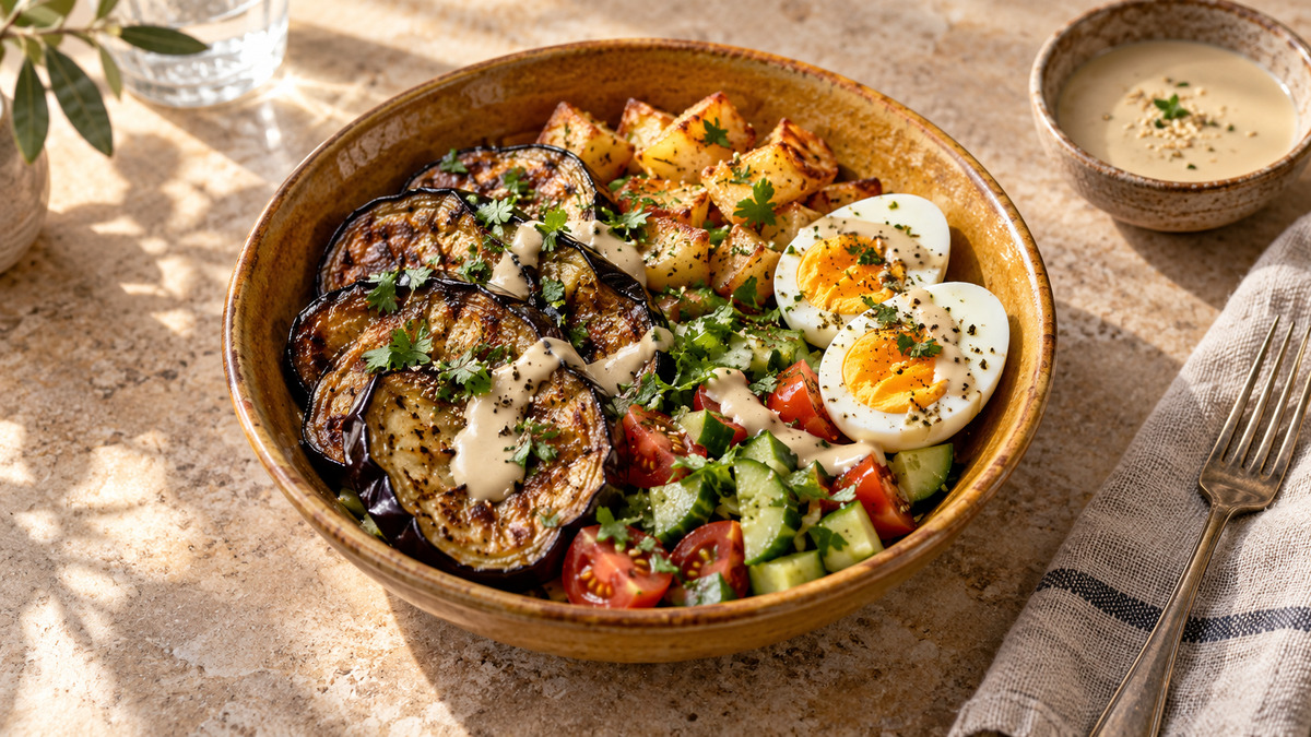 Sabich-Bowl mit Aubergine und Ei