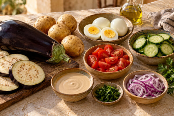 Sabich-Bowl mit Aubergine und Ei