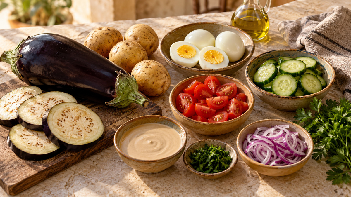 Sabich-Bowl mit Aubergine und Ei