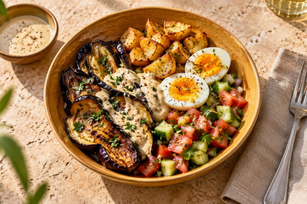 Sabich-Bowl mit Aubergine und Ei