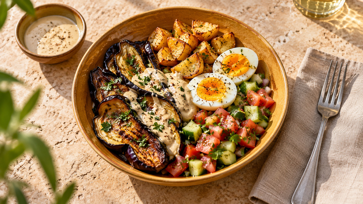 Sabich-Bowl mit Aubergine und Ei