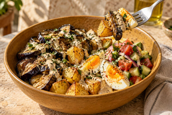 Sabich-Bowl mit Aubergine und Ei