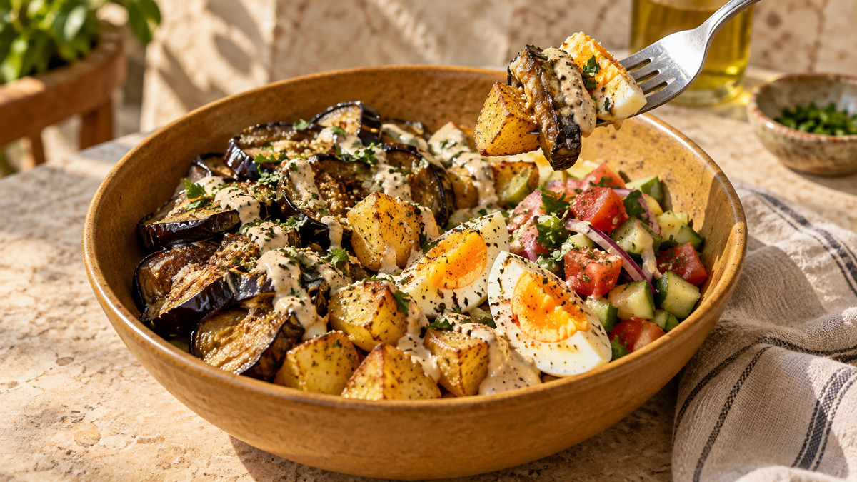 Sabich-Bowl mit Aubergine und Ei