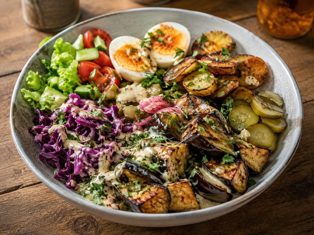 Große Bowl mit gebratener Aubergine, Kartoffelscheiben, hartgekochten Eiern, Salat, Tomaten, Rotkohlsalat, Gewürzgurken und Tahini-Sauce.