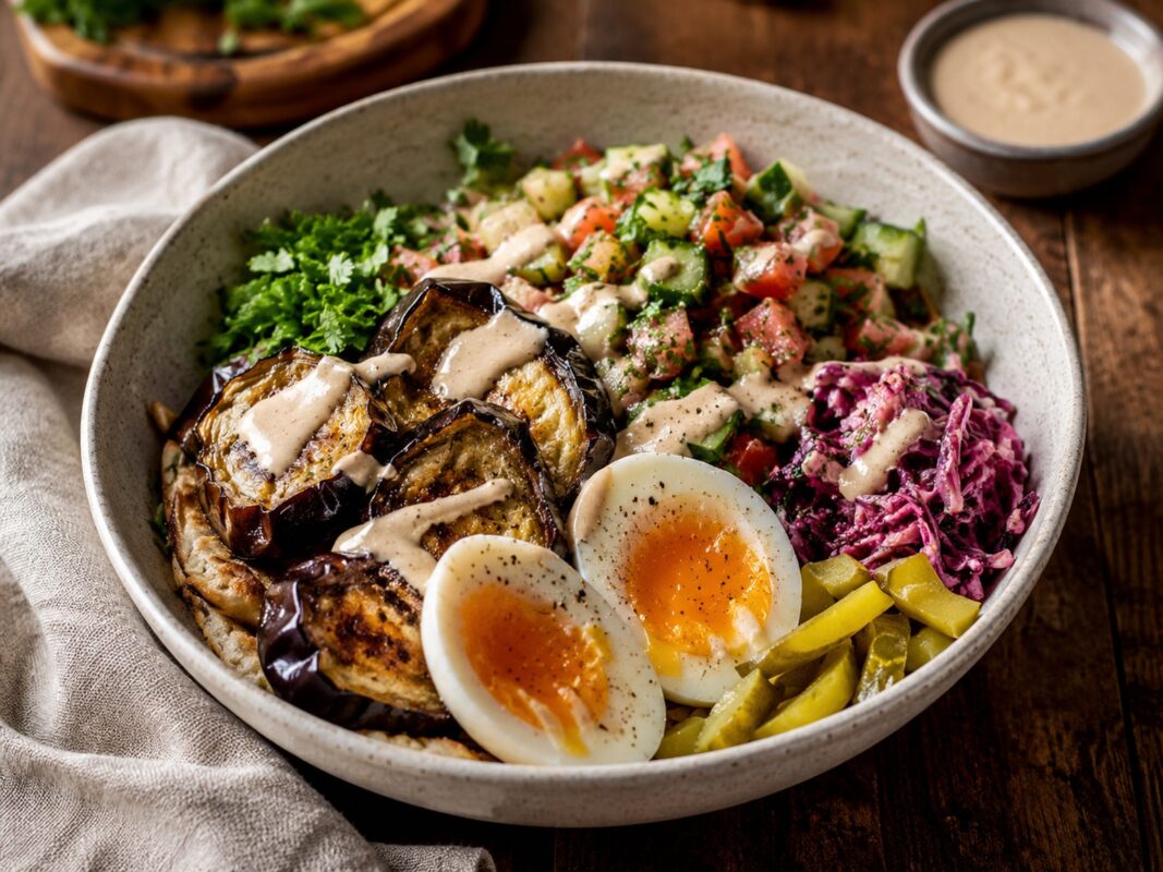Große Schale mit gerösteter Aubergine, halben Eiern, Gurken-Tomaten-Salat, Krautsalat, Gurken und Tahini-Sauce.
