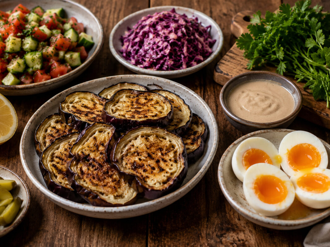 Zutaten- und Vorbereitungsansicht mit gerösteten Auberginenscheiben, halbierten Eiern, Gurken-Tomaten-Salat, Rotkohlsalat, Essiggurken, Tahini, Zitrone und frischen Kräutern auf rustikalem Holztisch.