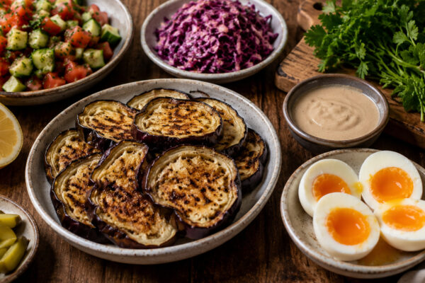 Zutaten- und Vorbereitungsansicht mit gerösteten Auberginenscheiben, halbierten Eiern, Gurken-Tomaten-Salat, Rotkohlsalat, Essiggurken, Tahini, Zitrone und frischen Kräutern auf rustikalem Holztisch.