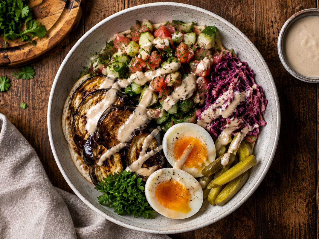 Draufsicht auf die fertige Sabich-Schale mit gerösteter Aubergine, Eiern, Gurken-Tomaten-Salat, Rotkohlsalat, Essiggurken und Tahini-Sauce.