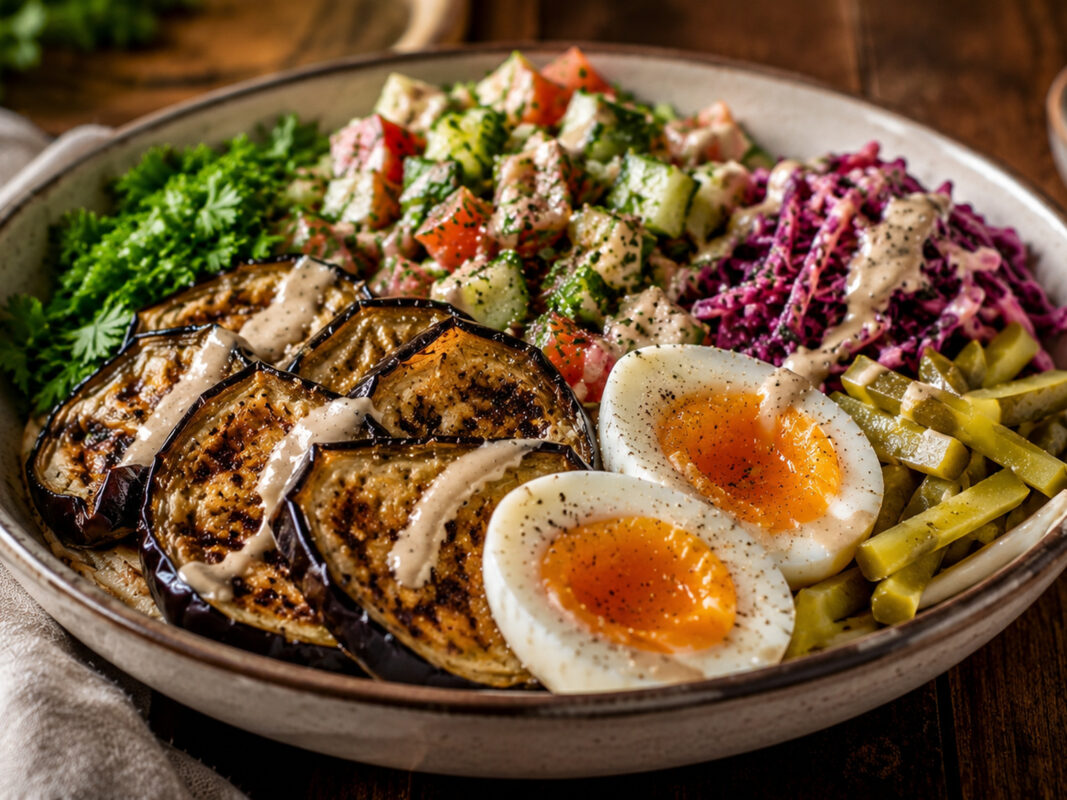 Nahe Servieransicht der fertigen Sabich-Schale mit Aubergine, Ei, frischem Salat, Essiggurken und Tahini-Sauce.
