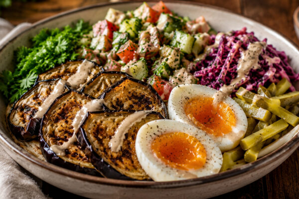 Nahe Servieransicht der fertigen Sabich-Schale mit Aubergine, Ei, frischem Salat, Essiggurken und Tahini-Sauce.