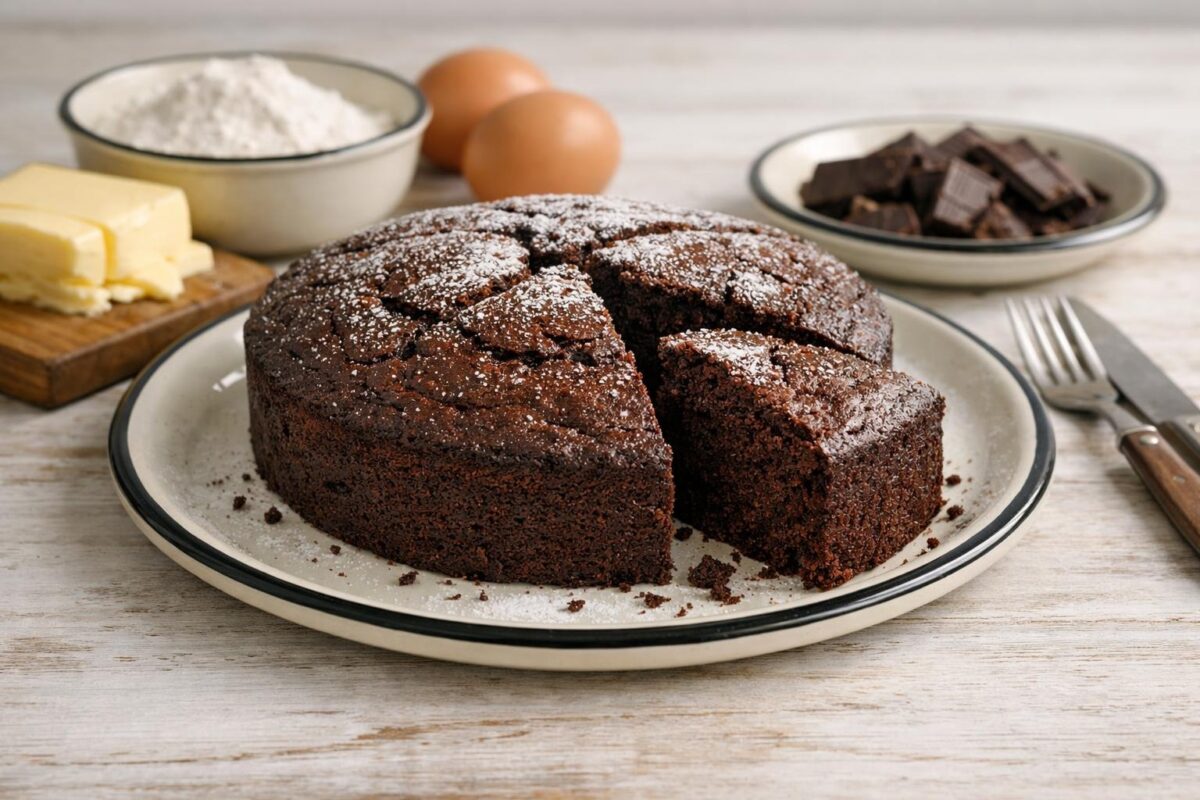 Hauptansicht des fertigen Gerichts. Rezept: Saftiger Schokoladenkuchen
