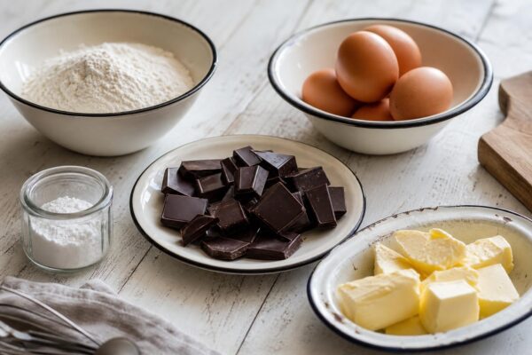 Zutaten- und Vorbereitungsansicht. Rezept: Saftiger Schokoladenkuchen