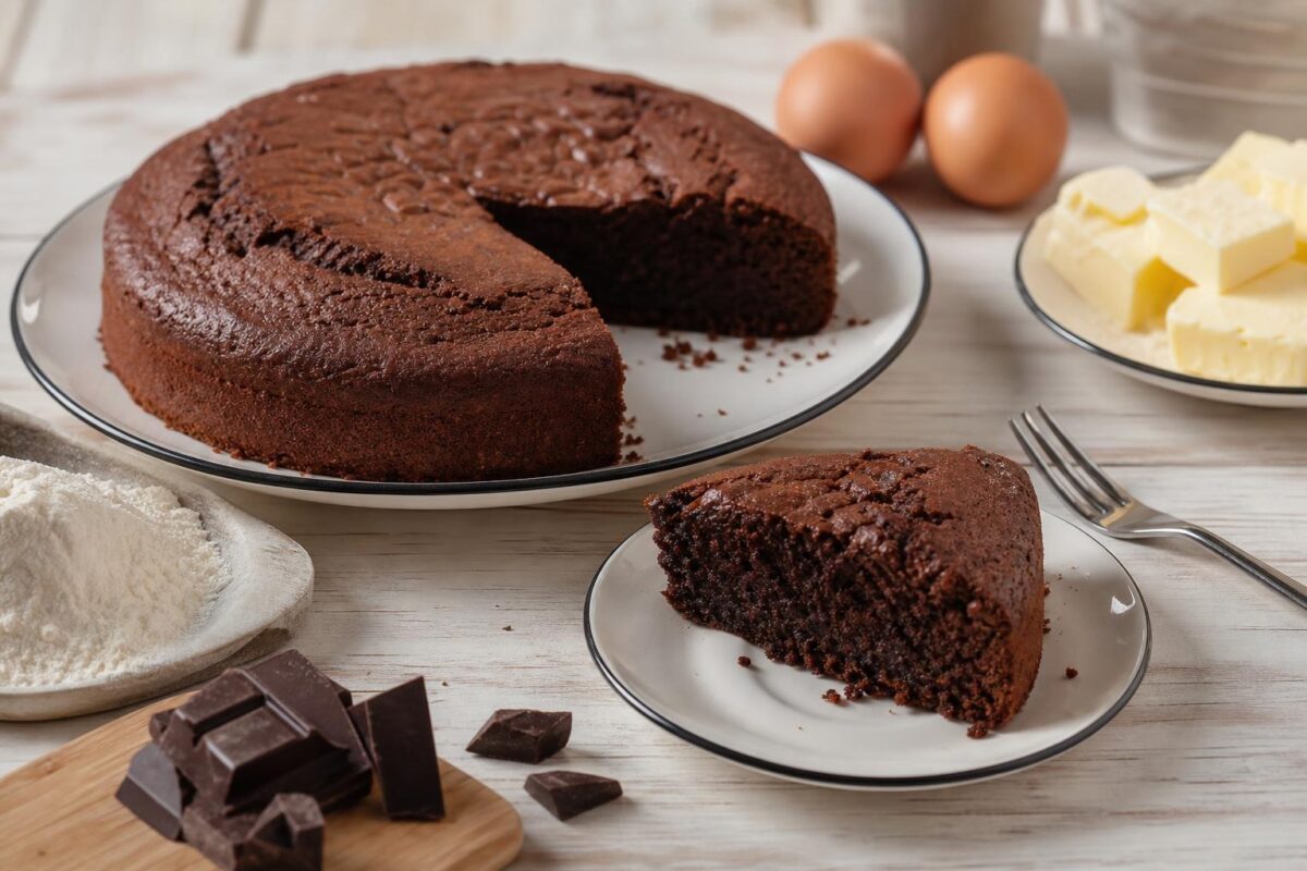 Servierszene mit dem fertigen Gericht. Rezept: Saftiger Schokoladenkuchen