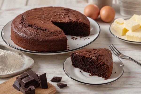 Servierszene mit dem fertigen Gericht. Rezept: Saftiger Schokoladenkuchen