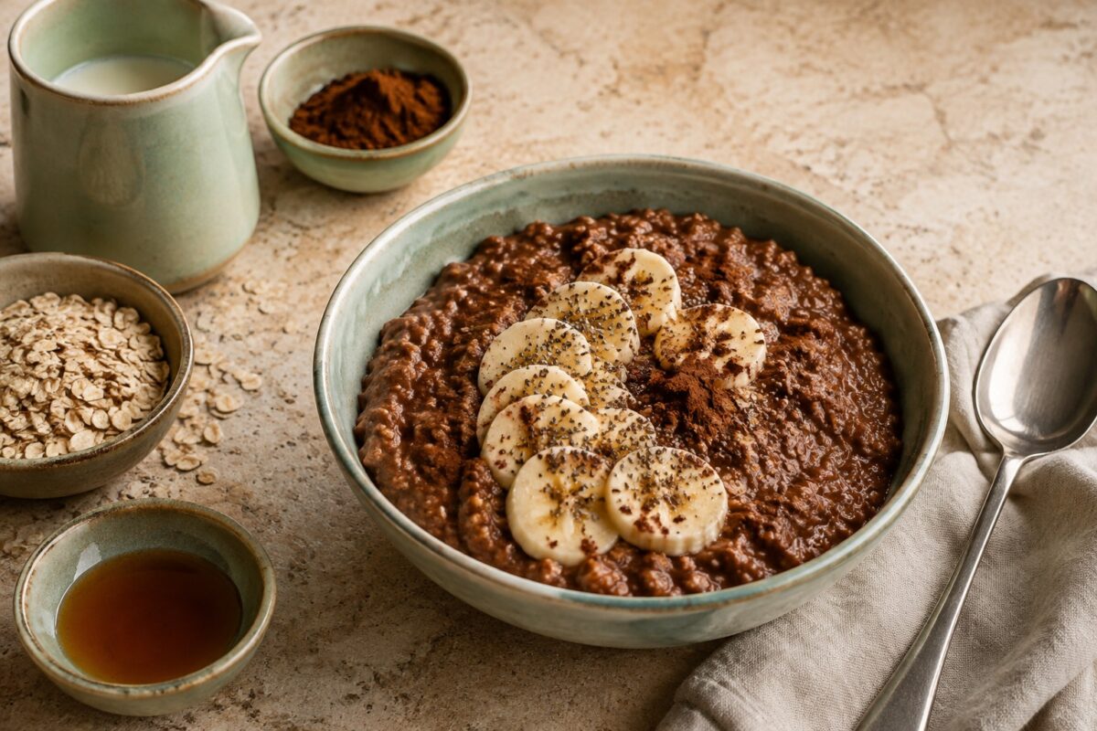 Hauptansicht des fertigen Gerichts. Rezept: Schoko-Bananen-Overnight-Oats
