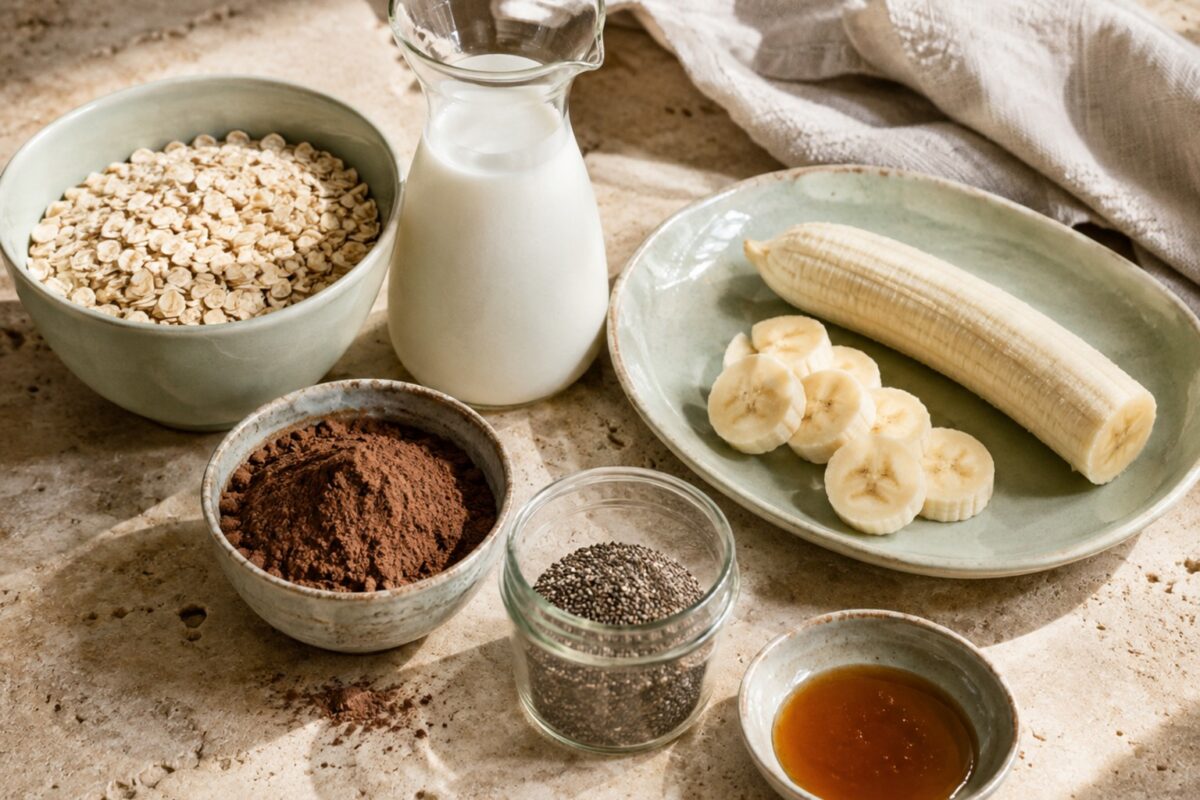 Zutaten- und Vorbereitungsansicht. Rezept: Schoko-Bananen-Overnight-Oats