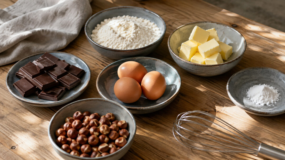 Zutaten- und Vorbereitungsansicht. Rezept: Schoko-Brownies mit Haselnüssen