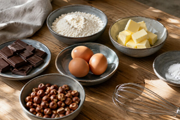 Zutaten- und Vorbereitungsansicht. Rezept: Schoko-Brownies mit Haselnüssen