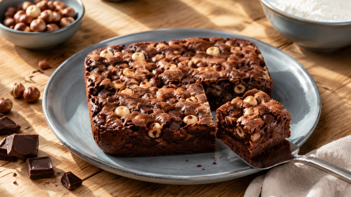 Servierszene mit dem fertigen Gericht. Rezept: Schoko-Brownies mit Haselnüssen