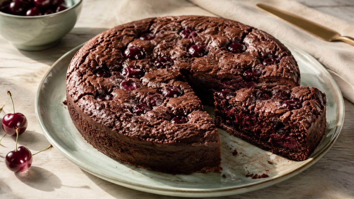 Hauptansicht des fertigen Gerichts. Rezept: Schoko-Kirsch-Kuchen