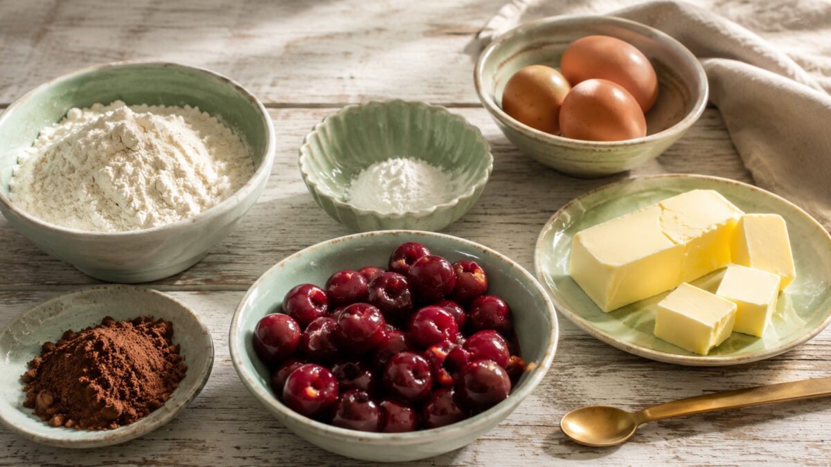 Zutaten- und Vorbereitungsansicht. Rezept: Schoko-Kirsch-Kuchen