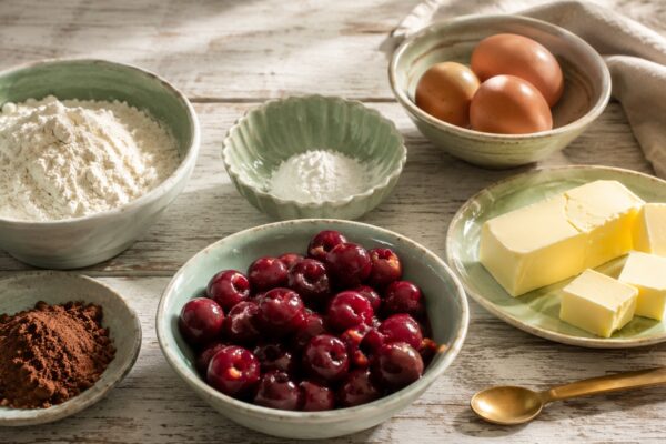 Zutaten- und Vorbereitungsansicht. Rezept: Schoko-Kirsch-Kuchen