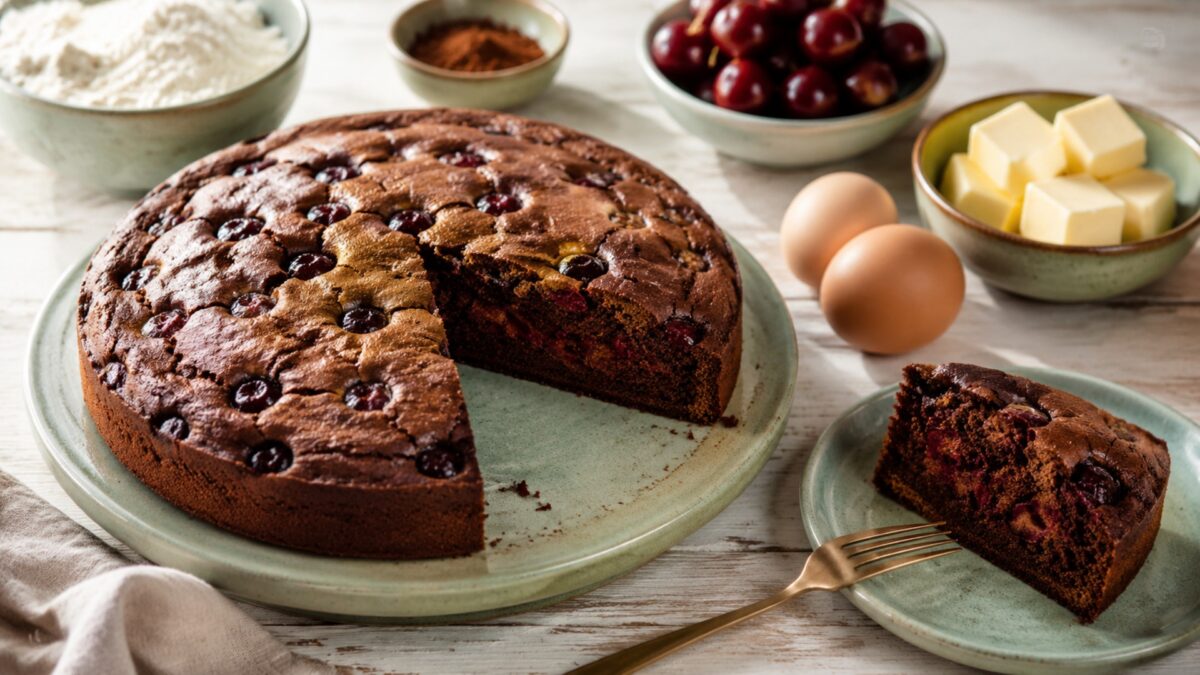 Servierszene mit dem fertigen Gericht. Rezept: Schoko-Kirsch-Kuchen
