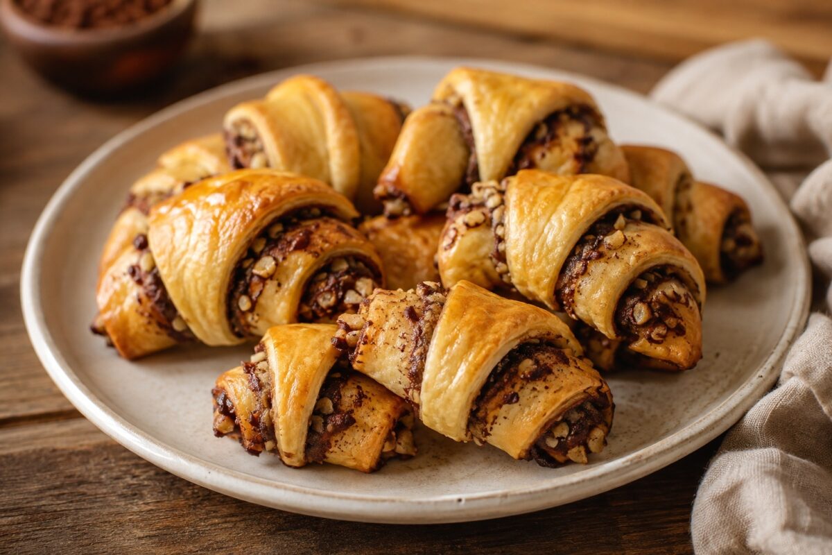 Mehrere goldbraune Rugelach auf einer hellen Keramikplatte, sichtbar mit dunkler Schoko-Nuss-Füllung und gehackten Nüssen, auf rustikalem Holztisch mit hellem Leinentuch.