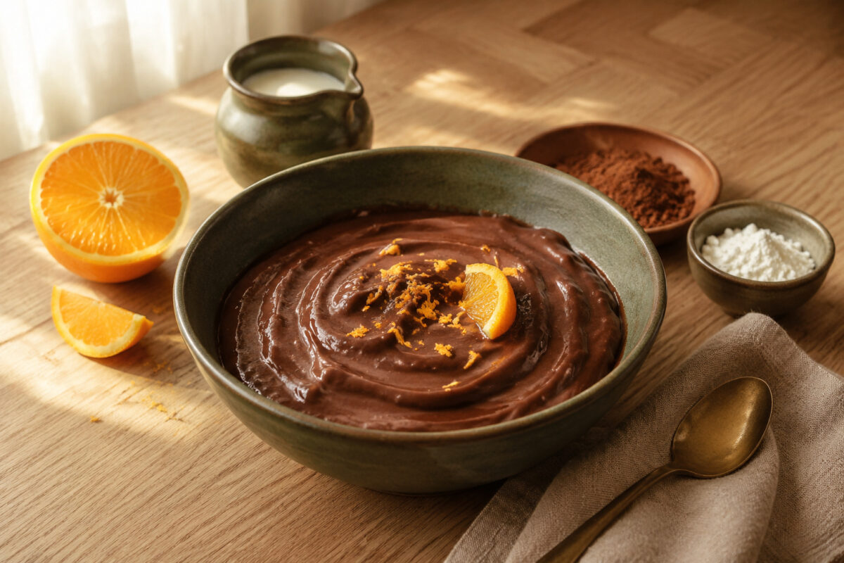 Hauptansicht des fertigen Gerichts. Rezept: Schoko-Orangen-Pudding