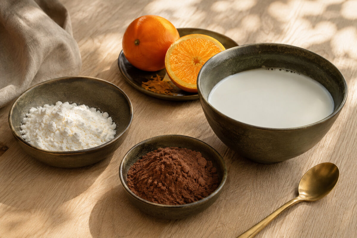 Zutaten- und Vorbereitungsansicht. Rezept: Schoko-Orangen-Pudding