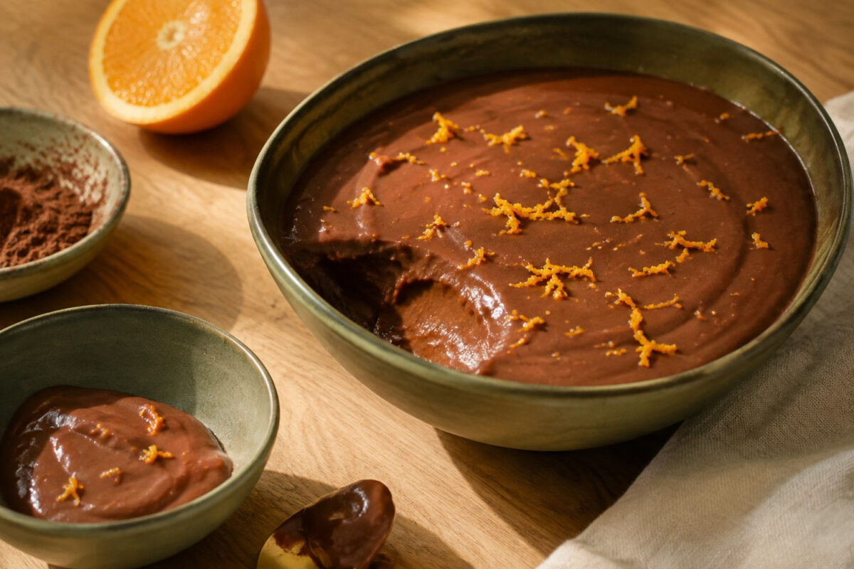 Servierszene mit dem fertigen Gericht. Rezept: Schoko-Orangen-Pudding