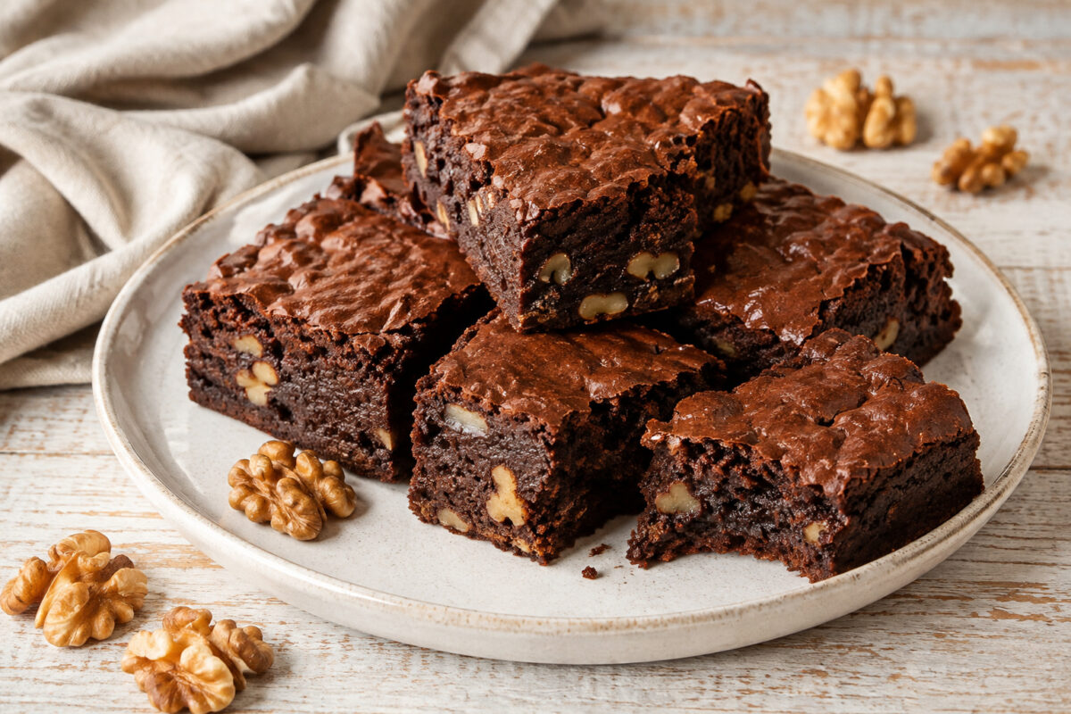 Mehrere dicke Schokoladen-Brownies mit sichtbaren Walnussstücken auf hellem Keramikteller; Hauptansicht mit fudgiger Schnittfläche.