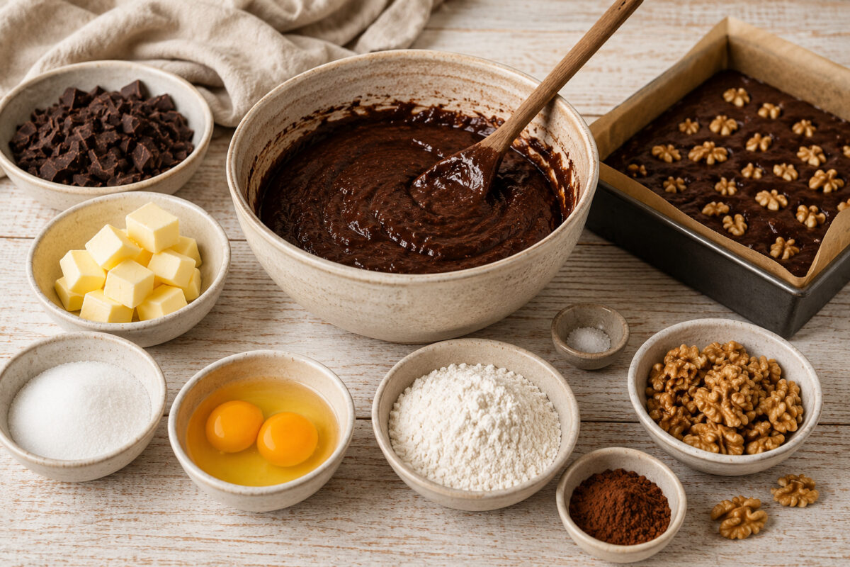 Zutaten- und Vorbereitungsansicht mit Schokolade, Butter, Zucker, Eiern, Mehl, Kakao, Walnüssen, Salz, Brownieteig und vorbereiteter Backform.