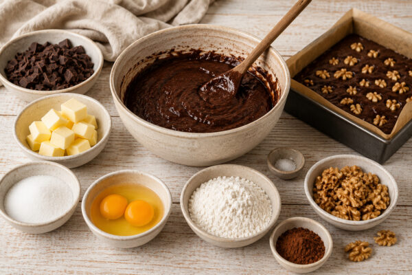 Zutaten- und Vorbereitungsansicht mit Schokolade, Butter, Zucker, Eiern, Mehl, Kakao, Walnüssen, Salz, Brownieteig und vorbereiteter Backform.