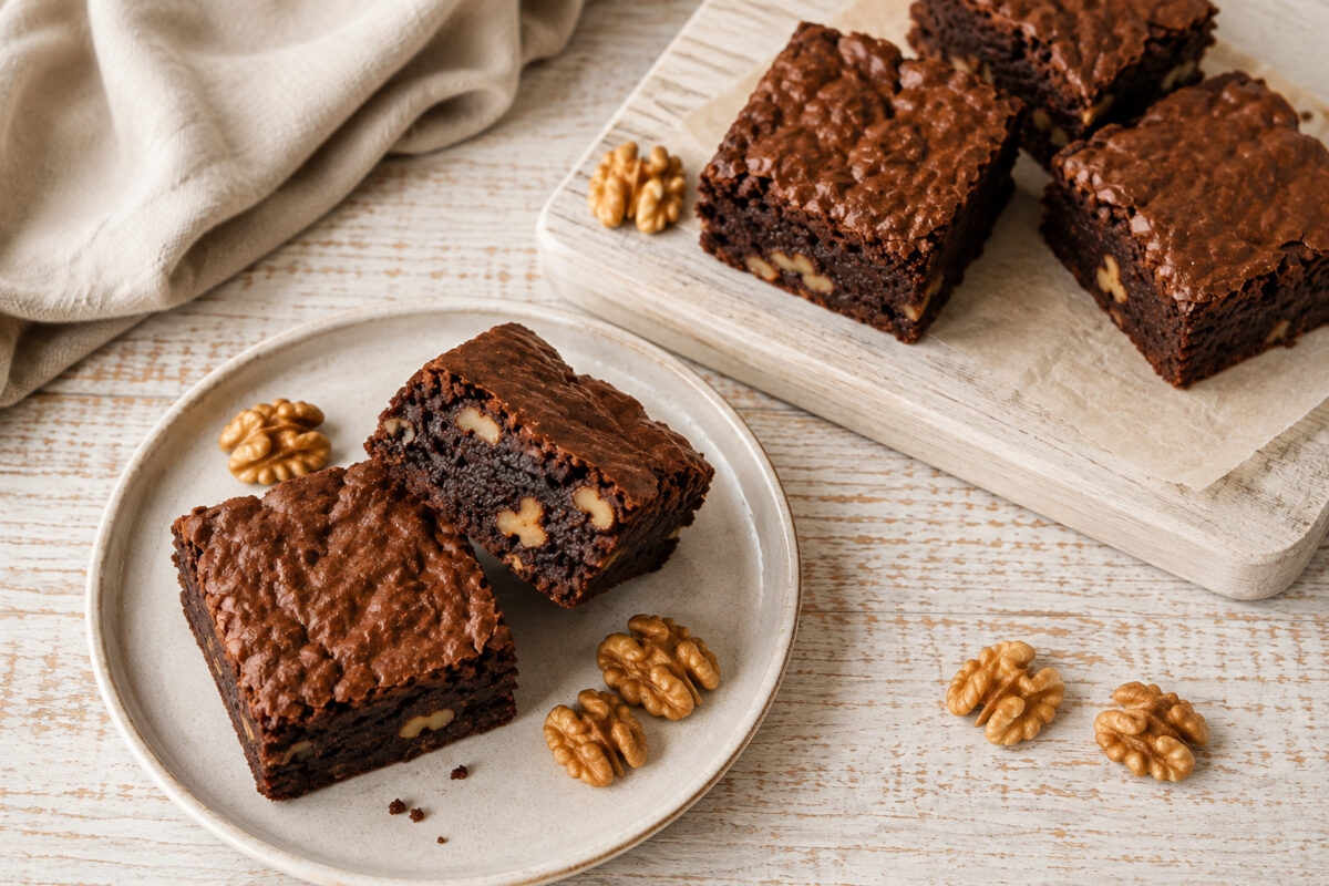 Fertige Schokoladen-Brownies mit Walnüssen aus deutlich anderer, höherer Perspektive auf Teller und hellem Servierbrett.