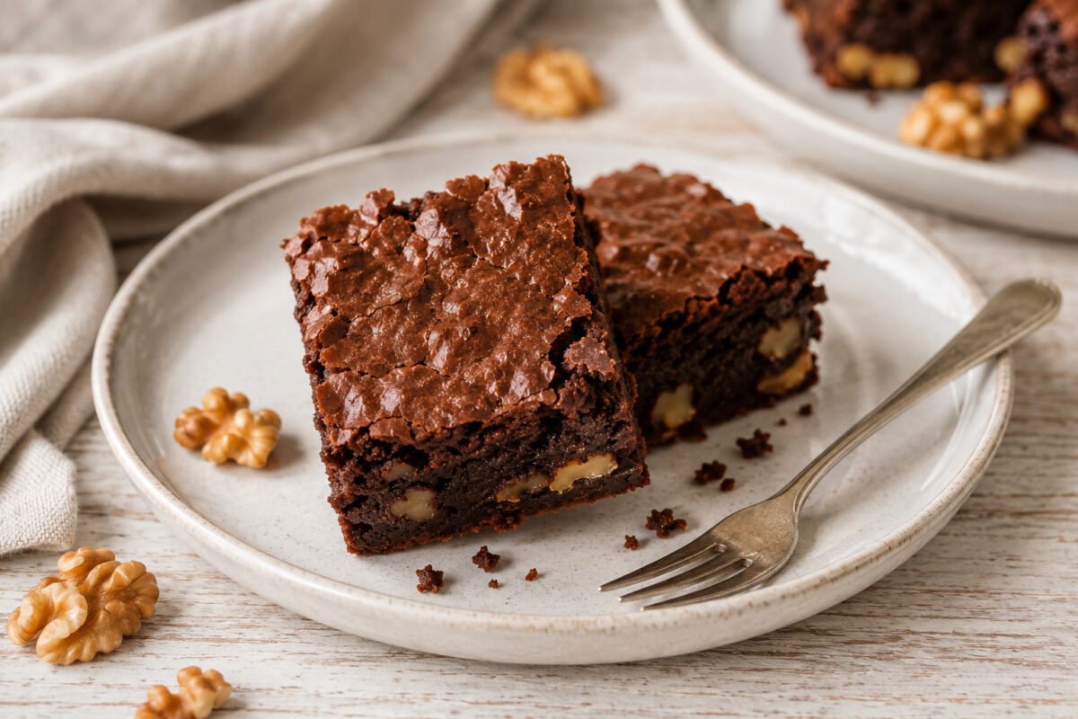 Servierszene mit zwei fertigen Brownies, sichtbarer fudgiger Innenstruktur, Walnüssen, Krümeln und Gabel auf hellem Keramikteller.