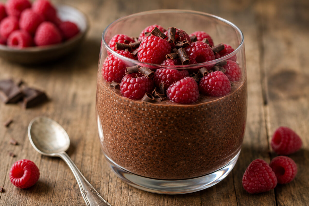 Fertige Schokoladen-Chia-Mousse im klaren Dessertglas mit frischen Himbeeren und Zartbitterschokoladenhobel; Hauptansicht der neuen Bildserie.