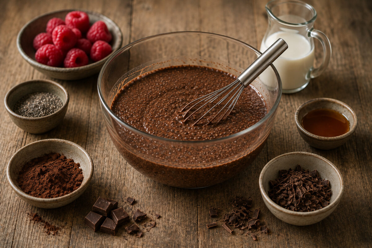Vorbereitungsansicht mit angerührter Schokoladen-Chia-Masse sowie charakteristischen Zutaten wie Himbeeren, Chiasamen, Kakao, Mandelmilch, Ahornsirup und Zartbitterschokolade.