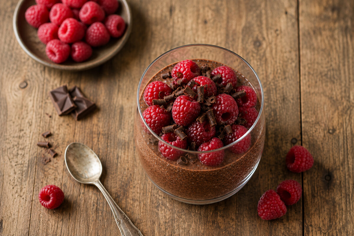 Fertige Schokoladen-Chia-Mousse mit Himbeeren und Schokoladenhobel aus deutlich höherer, alternativer Perspektive.