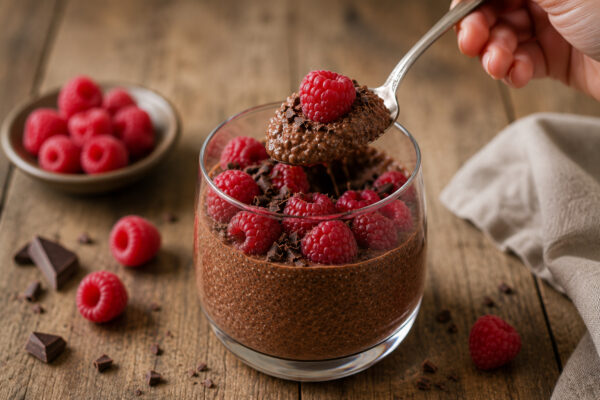 Servierszene der fertigen Schokoladen-Chia-Mousse: ein Löffel hebt eine Portion mit Himbeere und Schokoladenhobel aus dem Dessertglas.