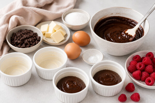 Zutaten- und Vorbereitungsansicht mit dunkler Schokolade, Butter, Eiern, Zucker, Salz, Himbeeren, Schokoladenmasse und vorbereiteten weißen Förmchen.