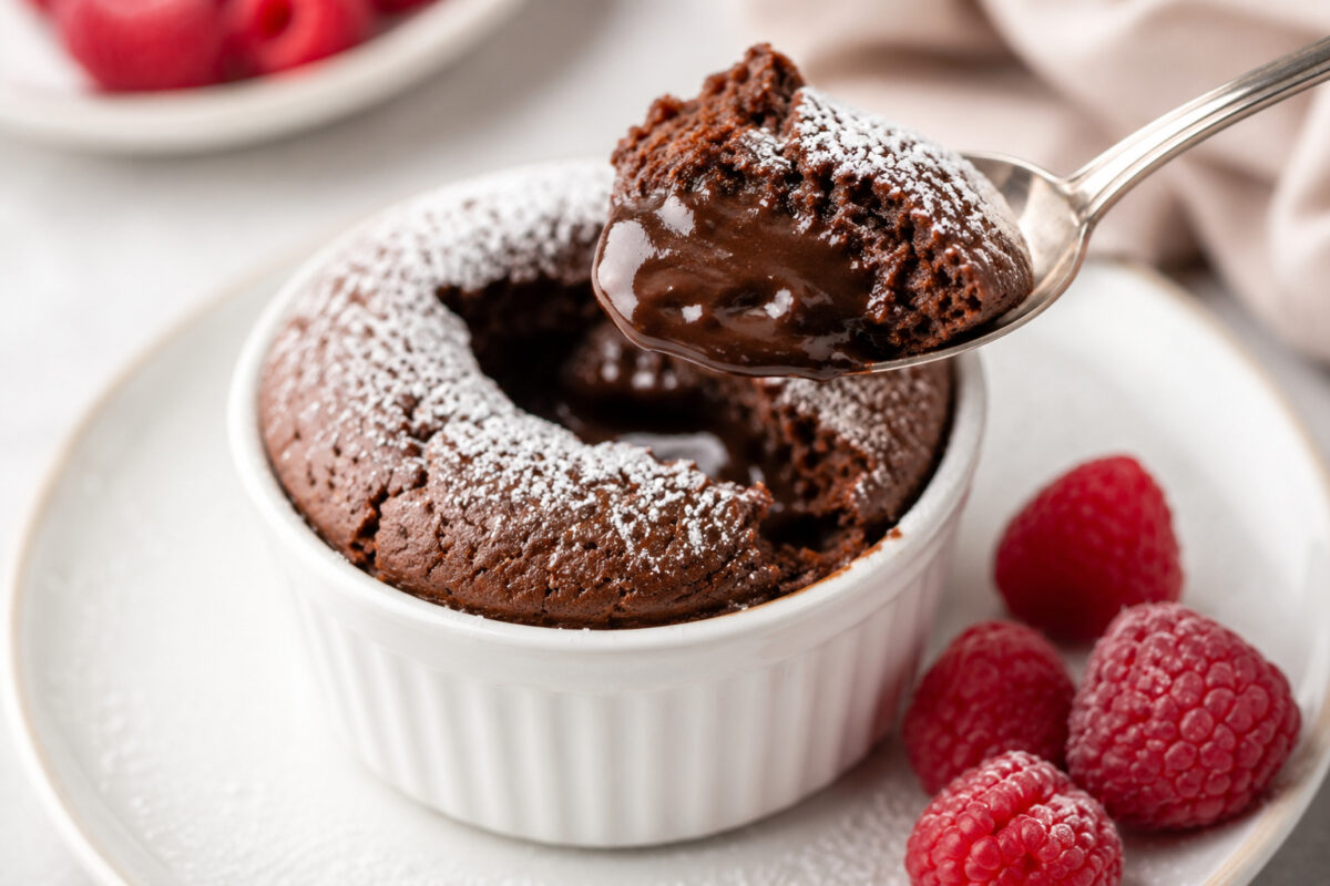 Servierdetail des fertigen Lava-Küchleins mit einem Löffelstück, sichtbar flüssigem Schokoladenkern, Himbeeren und Puderzucker.