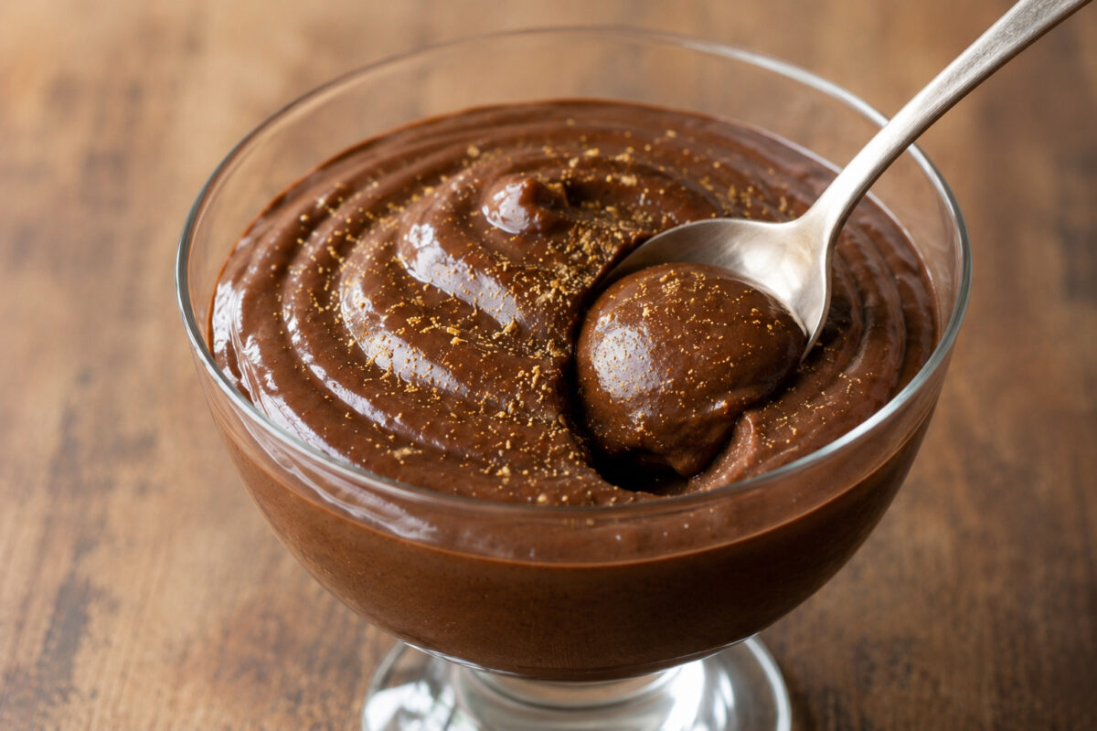 Servierszene des fertigen Schokoladenpuddings mit Kardamom in derselben Glasschale, mit eingetauchtem Löffel und sichtbarer cremiger Textur.