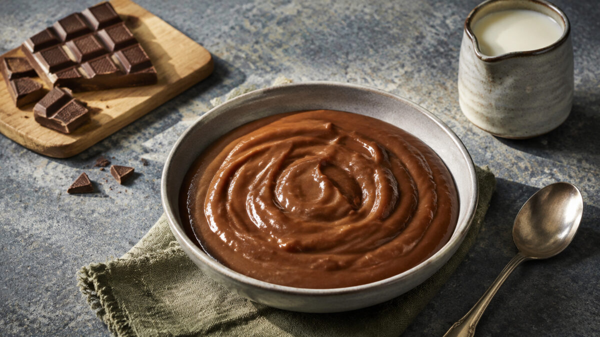 Hauptansicht des fertigen Gerichts. Rezept: Schokoladenpudding mit laktosefreier Milch